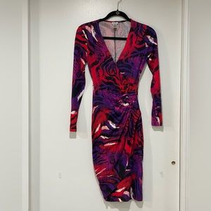 CACHE Purple/Red Swirl Print, Jersey Long sleeve Dress Size X-Small